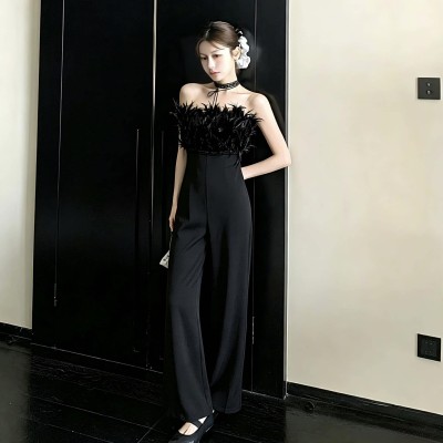 高级感羽毛抹胸连体阔腿裤